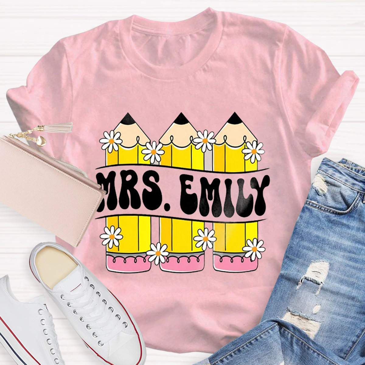 Personalized Your name Retro Teacher Pencil T-Shirt