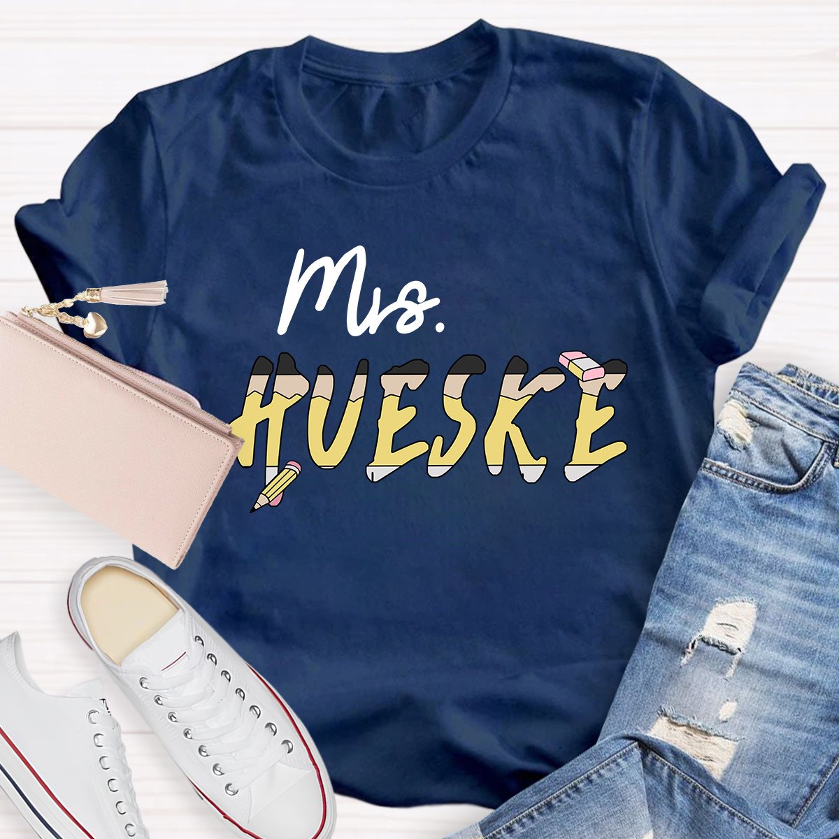 Personalized Teachers Name Pencil And Eraser Printed Teacher T-Shirt