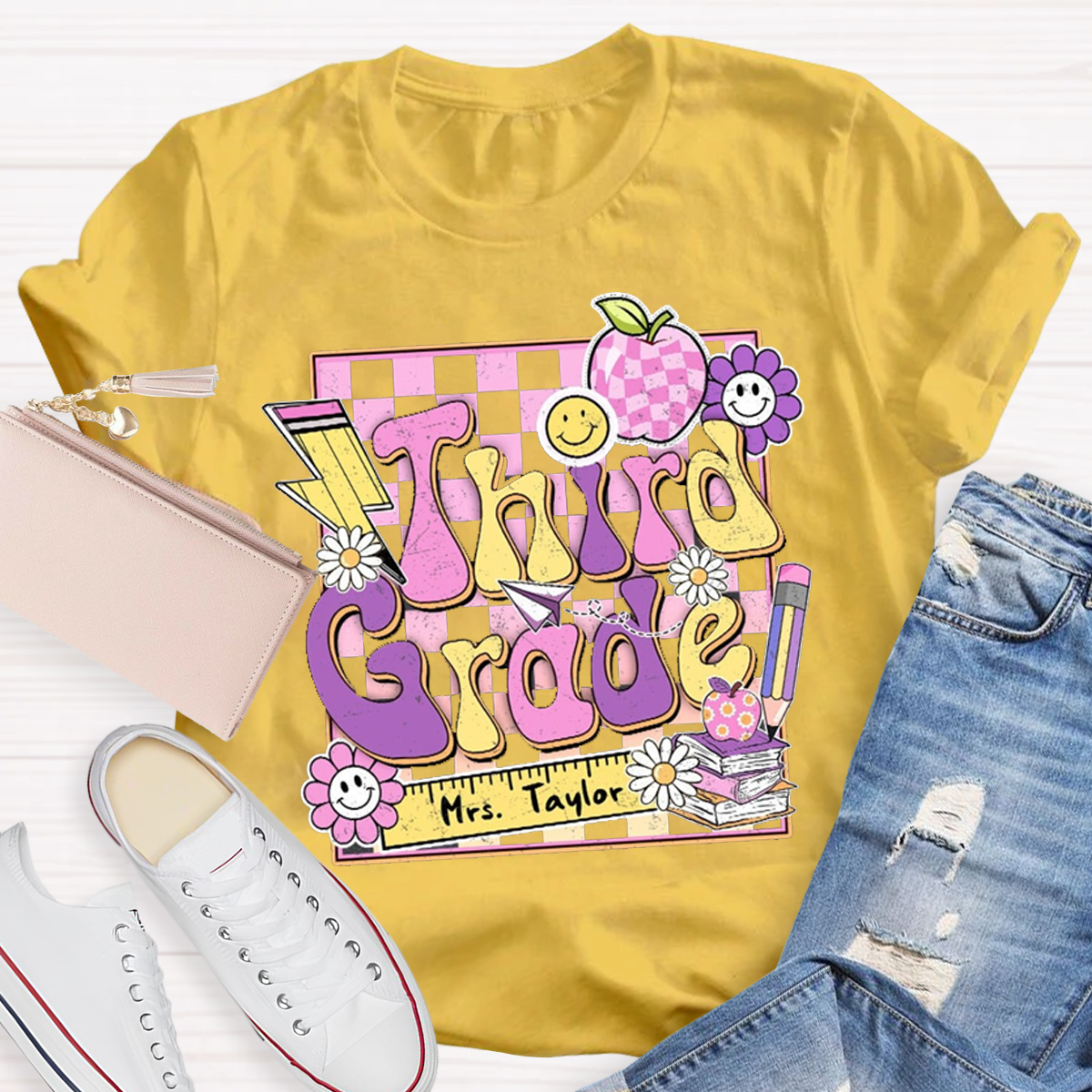 Personalized Grade And Name Back To School Ruler Printed T-Shirt