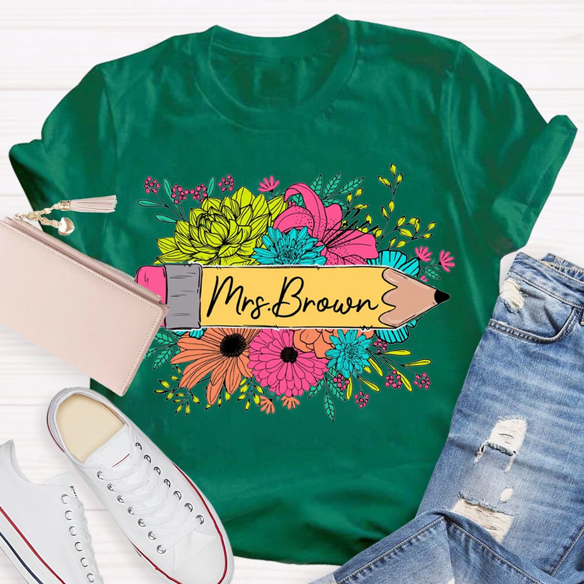 Personalized Name Floral Teacher Shirt