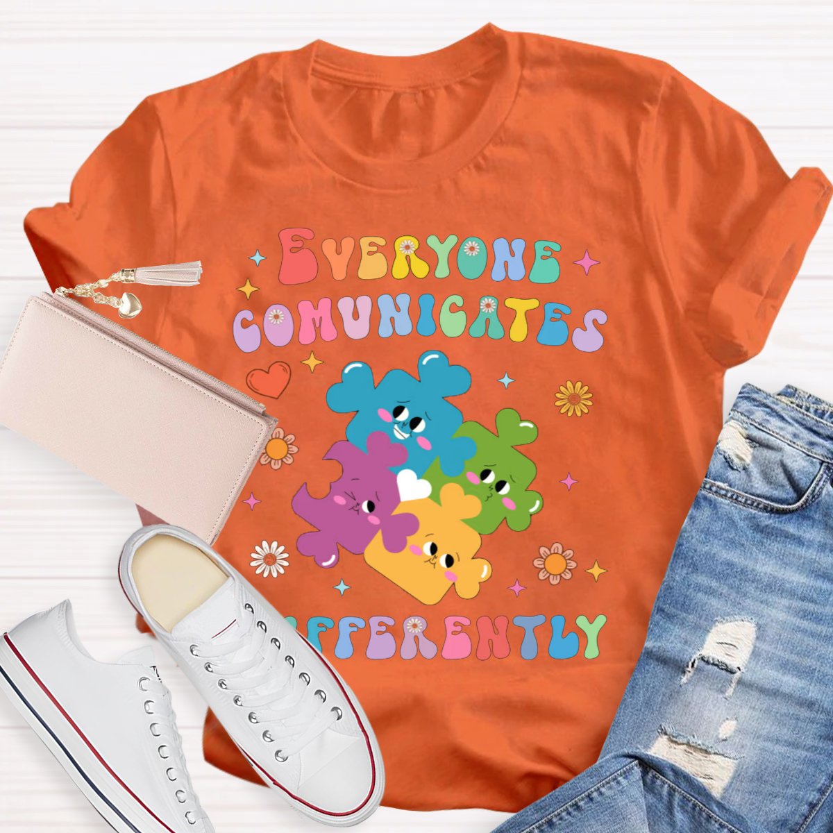 Everyone Communicates Differently Colored Puzzle Teacher T-Shirt