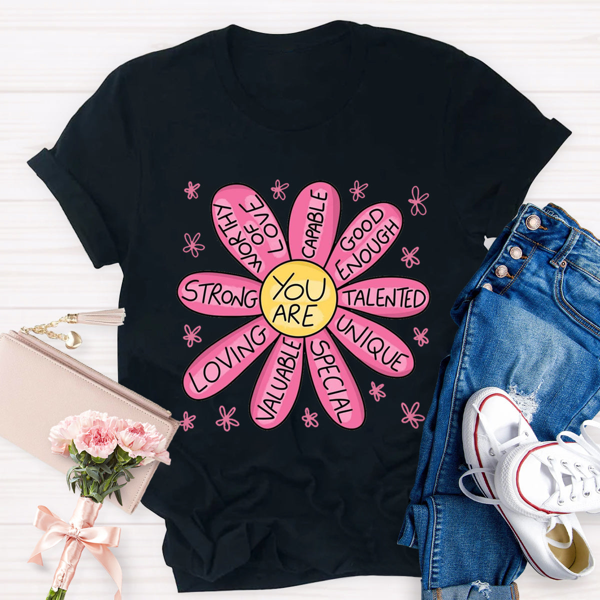 You Are Strong Loving Pink Floral Teacher T-Shirt