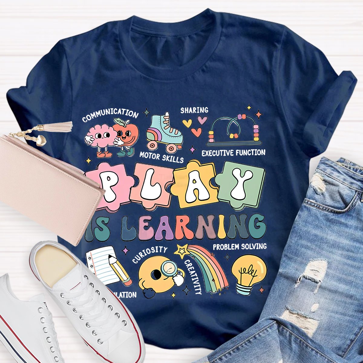 Play Is Learning Colorful Cute Icons Teacher T-Shirt