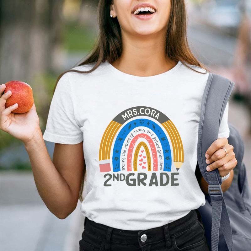 Personalized Name And Grade Pencil Rainbow Teacher T-Shirt