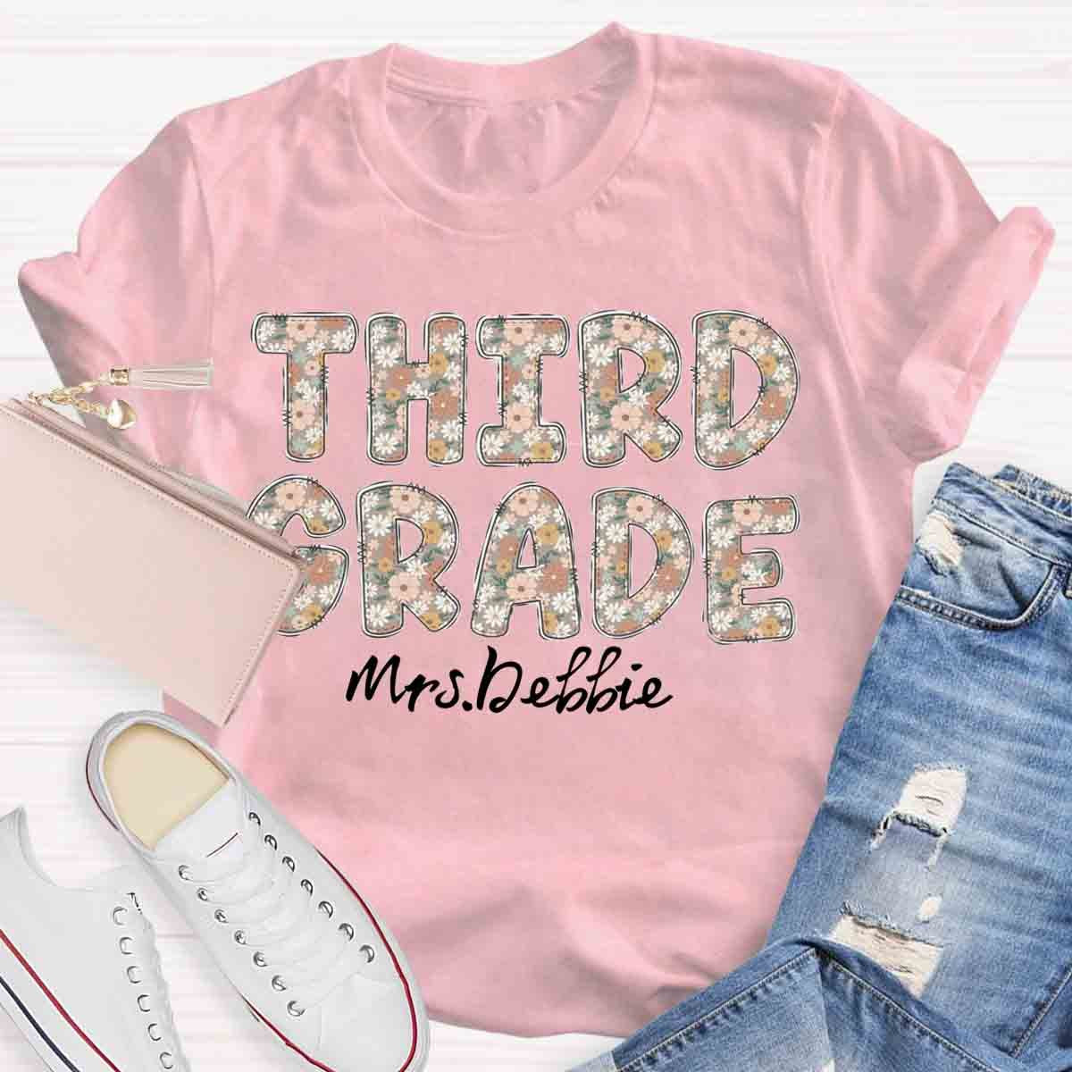 Personalized Grade And Name Floral Third Grade Teacher Shirt