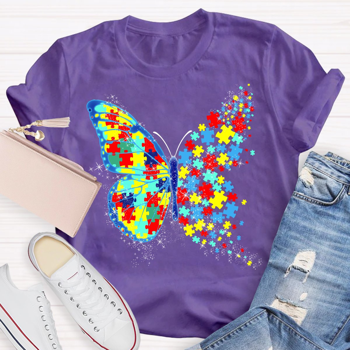 Colorful Puzzle Butterfly Teacher T-Shirt