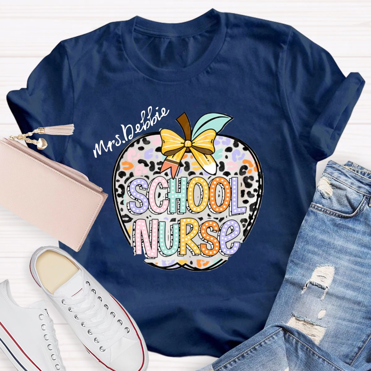 Personalized School Nurse Name Apple Printed T-shirt