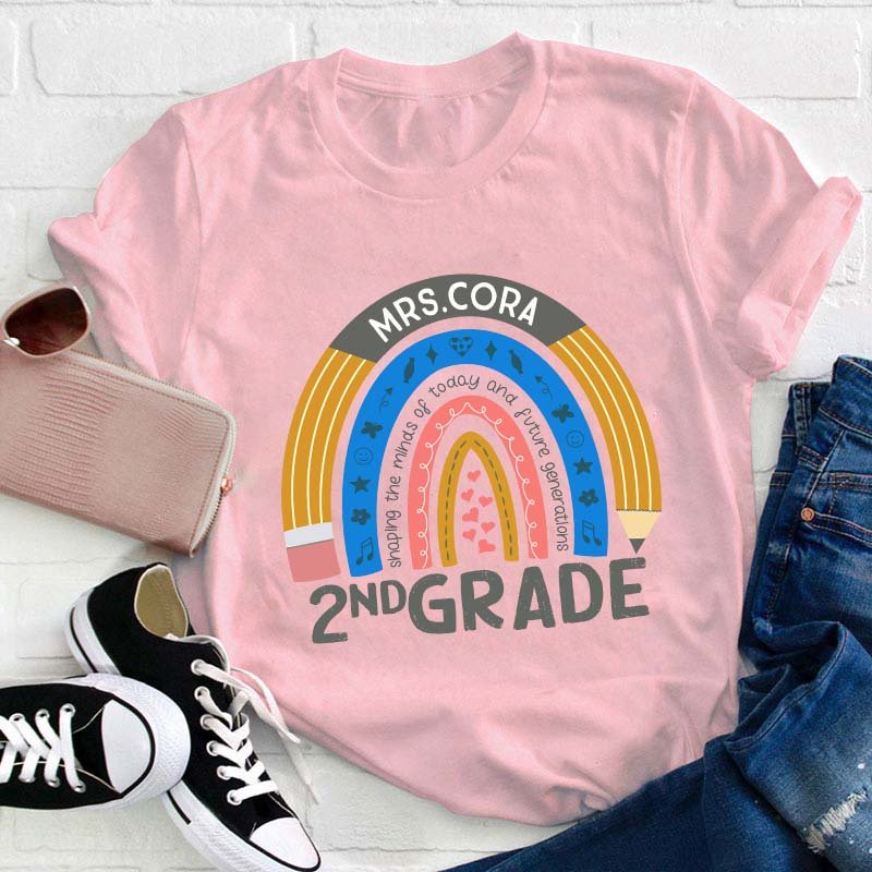 Personalized Name And Grade Pencil Rainbow Teacher T-Shirt