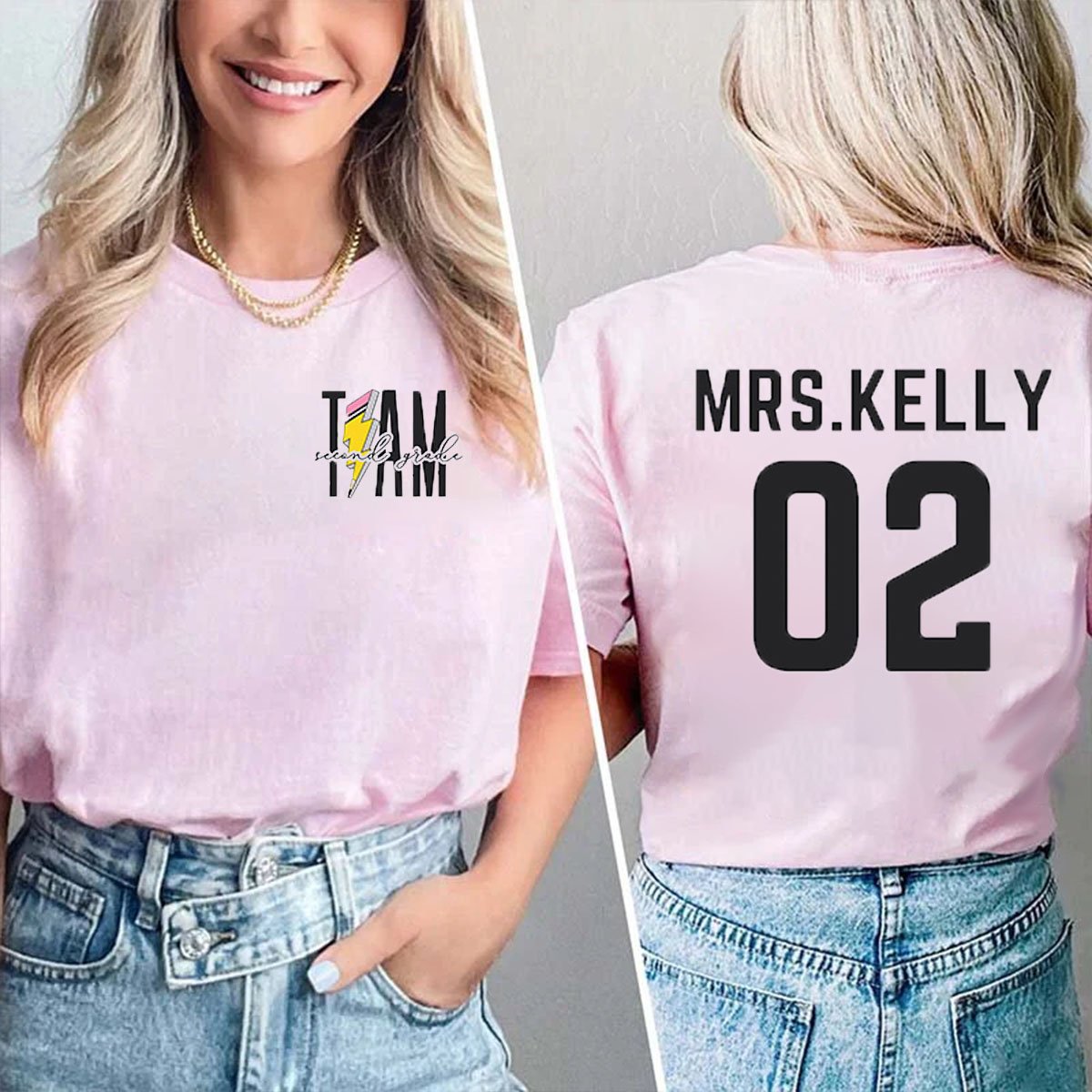 Personalized Teacher's Name And Grade Pencil Print Double-sided printing T-Shirt