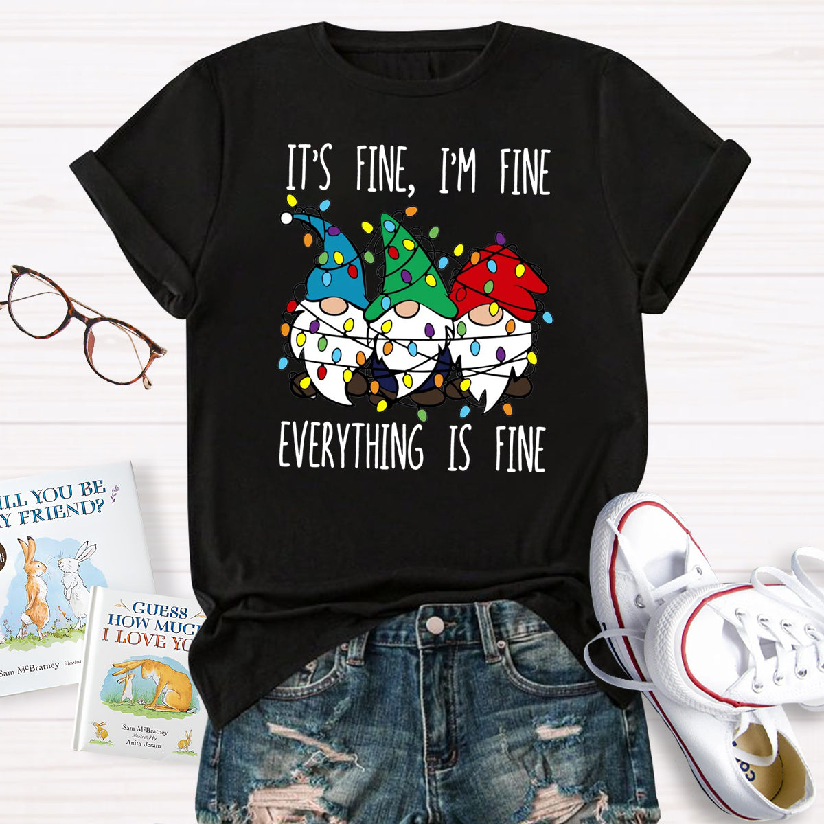 It's Fine I'M Fine Everything Is Fine Three Gnomes Christmas T-Shirt