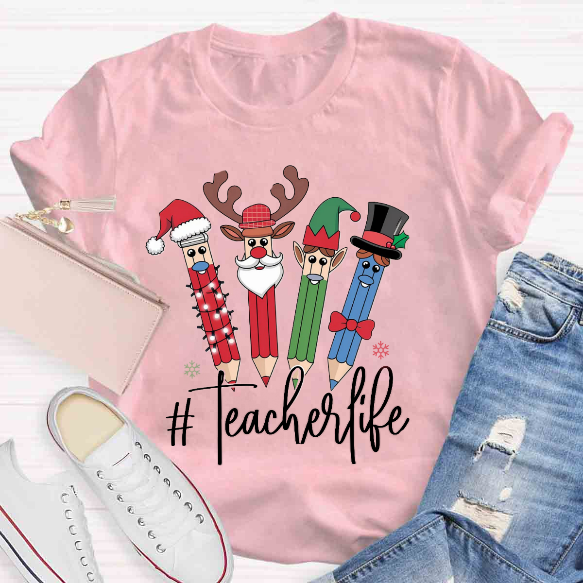 Teacher Life Christmas Pencil Print T-Shirt