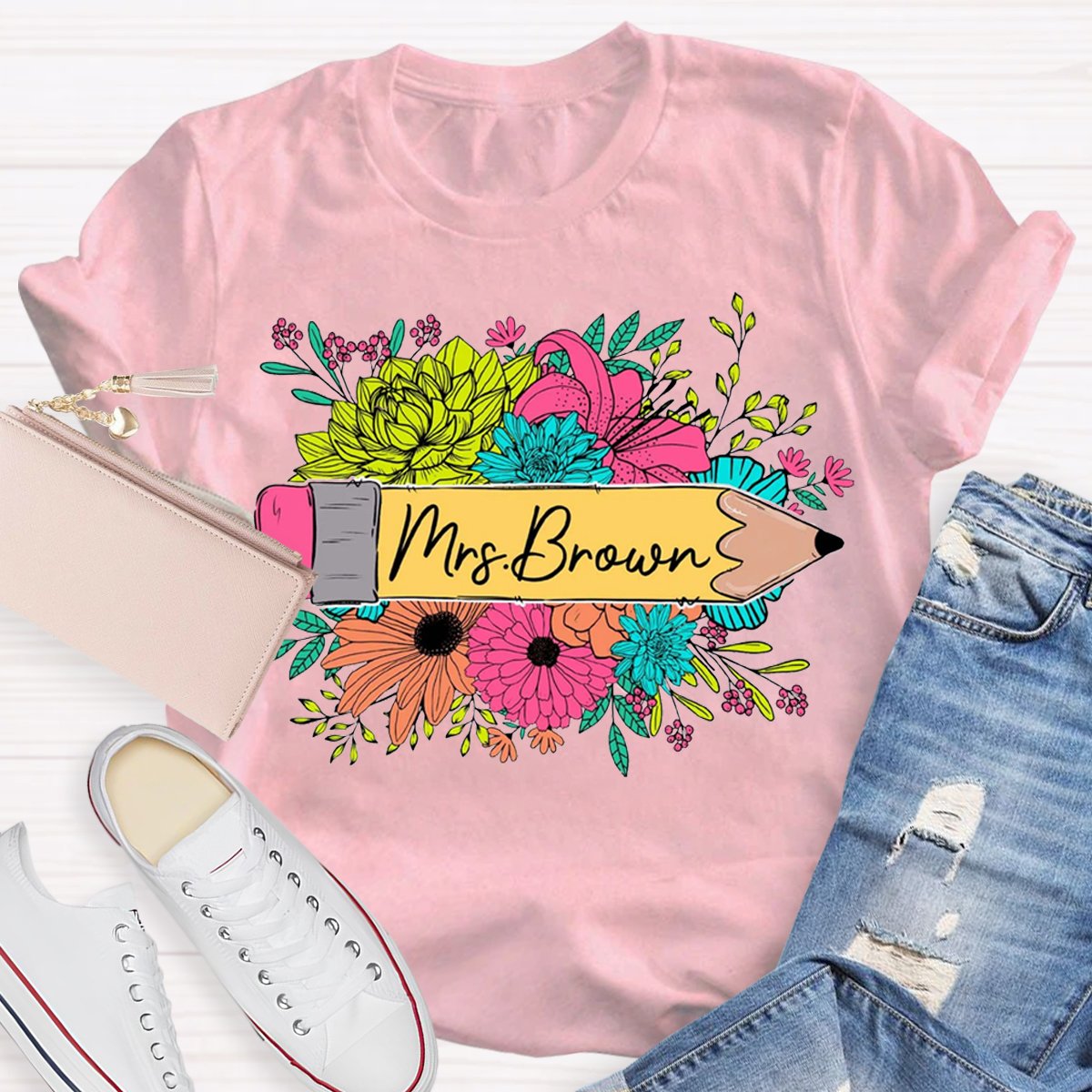 Personalized Name Floral Teacher Shirt