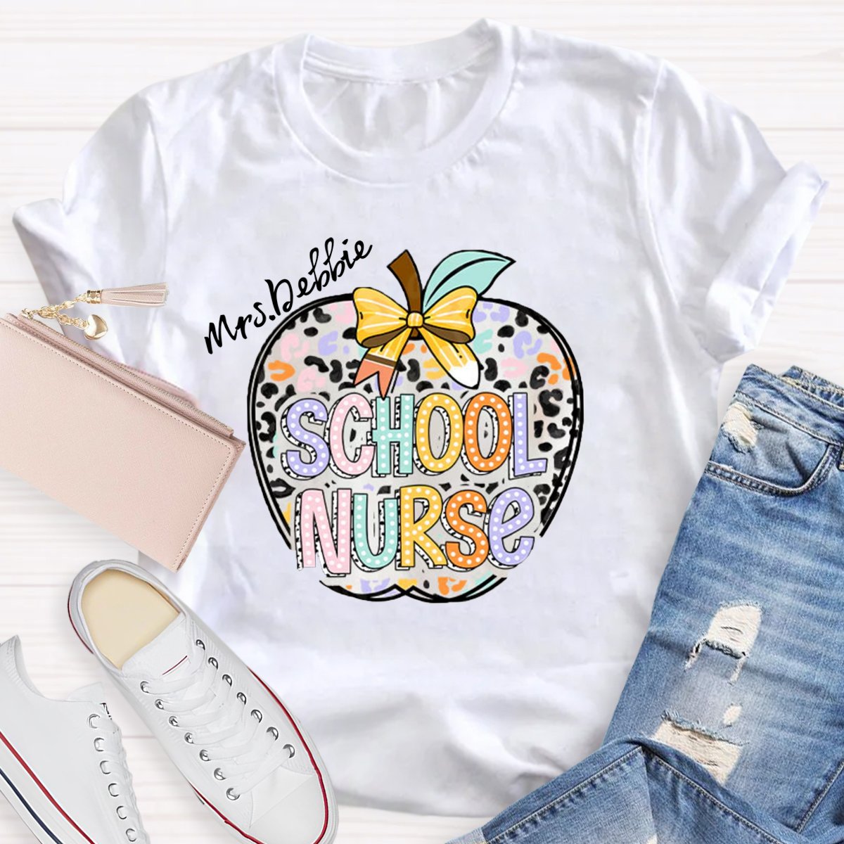 Personalized School Nurse Name Apple Printed T-shirt