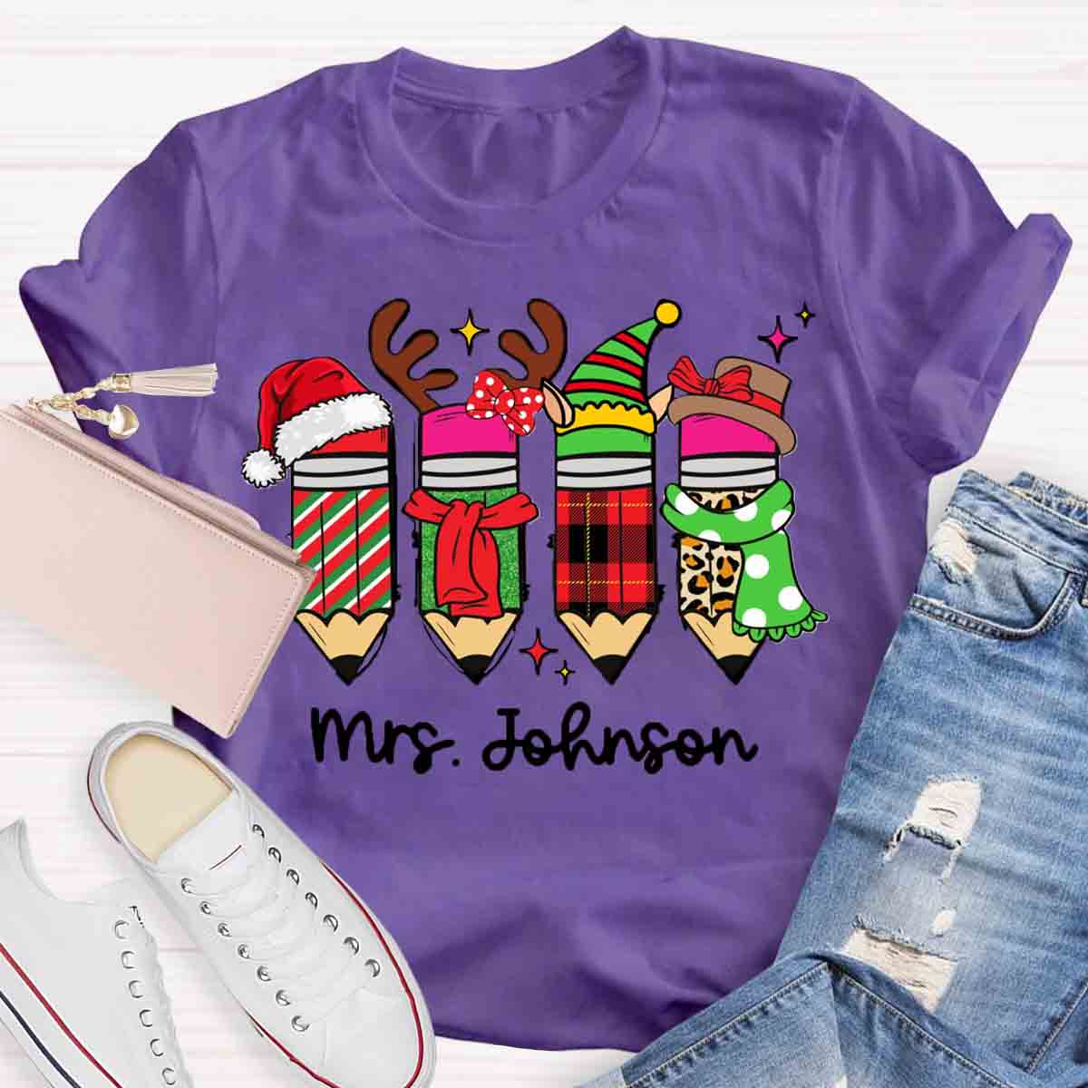 Personalized Name Christmas Pencil Design T-shirt