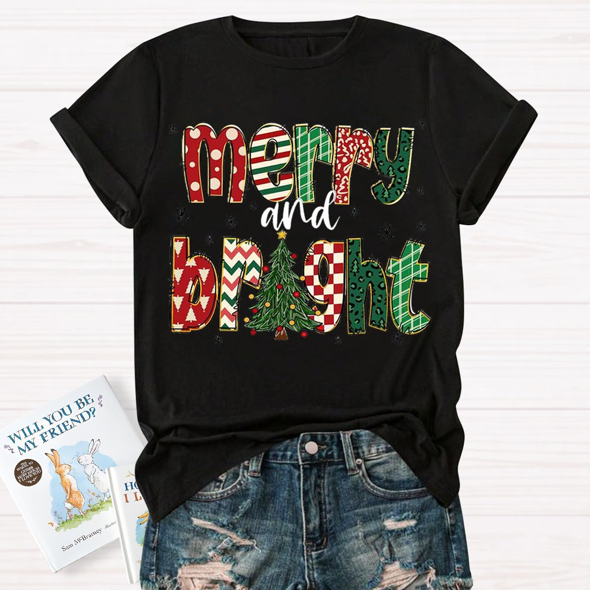 Merry and Bright Retro Christmas Tree Teacher T-Shirt