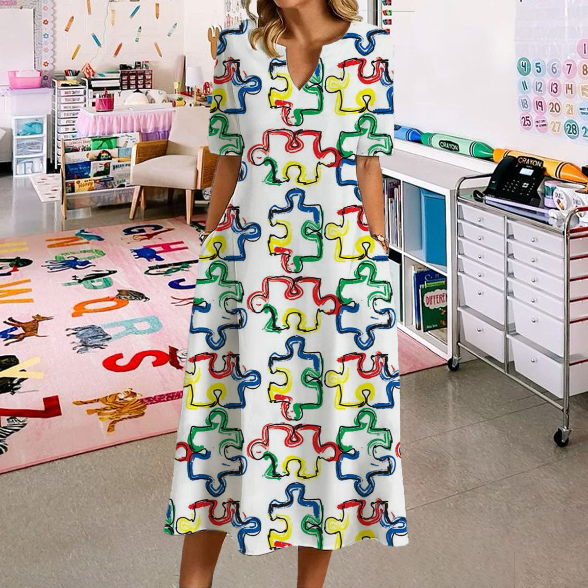 Colorful Puzzle Special Education Teacher Dress