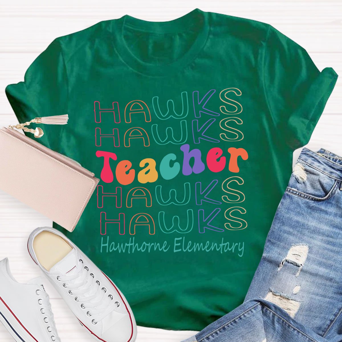 Personalized Mascot Colored Letters Teacher T-Shirt