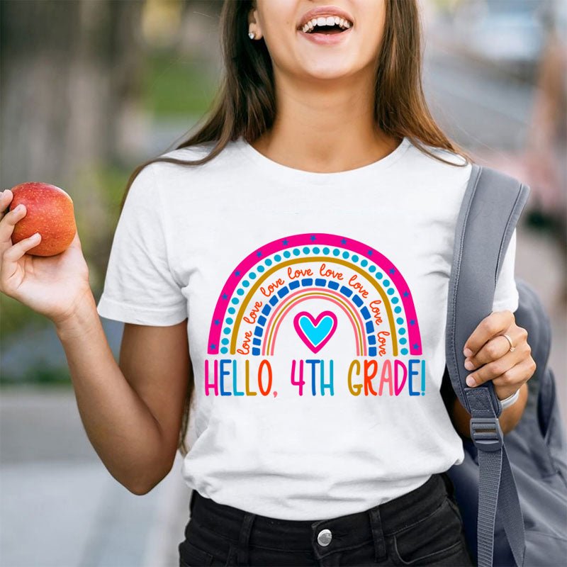 Personalized Grade Pink Rainbow Hello Love Teacher T-Shirt