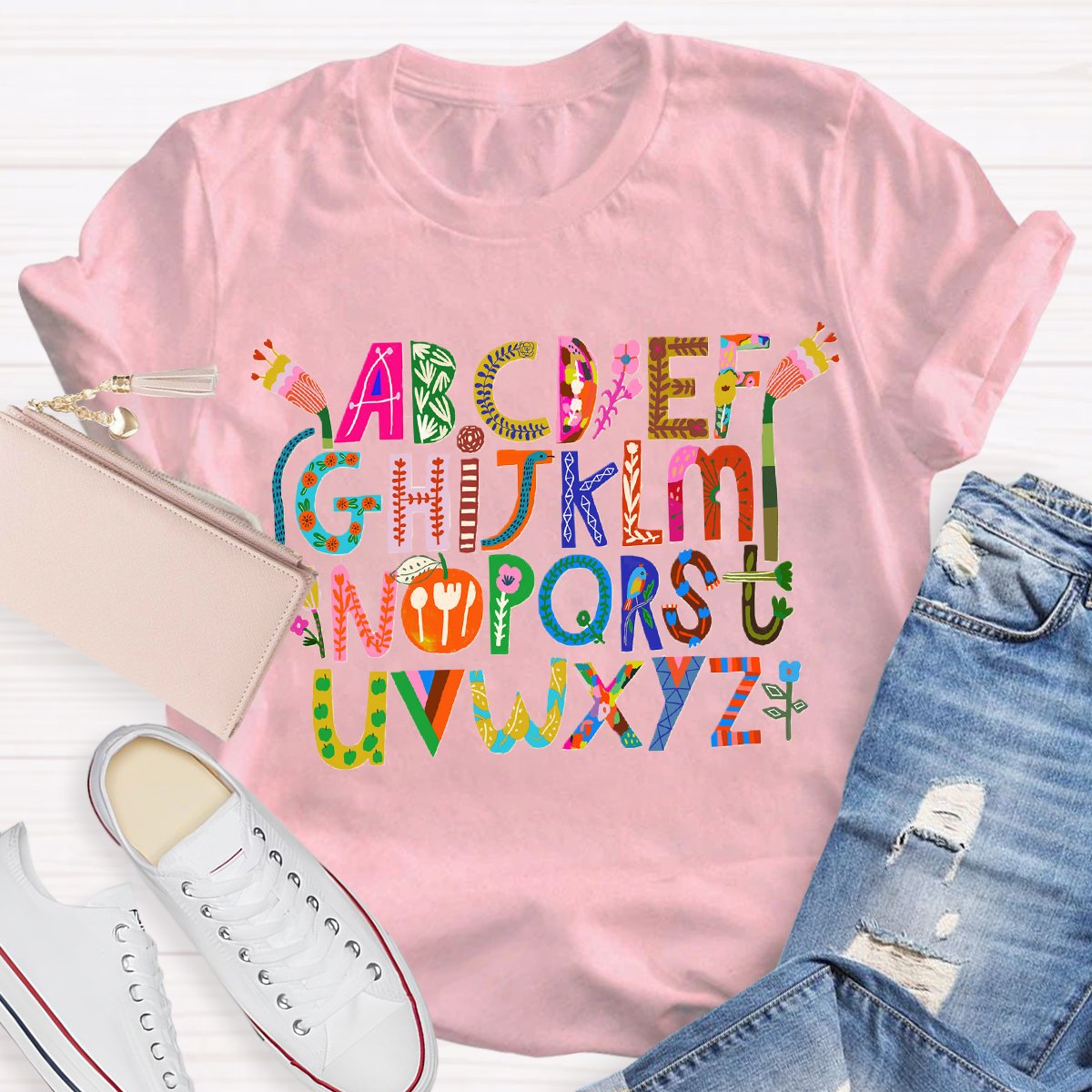 Artistic Design Cute Alphabet Print Teacher T-Shirt