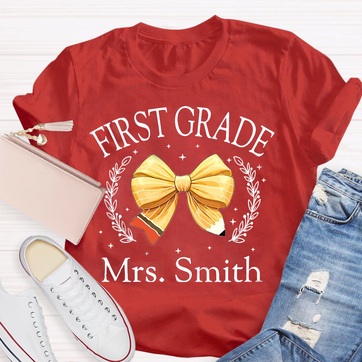 Personalized Grade And Name Yellow Bow T-Shirt