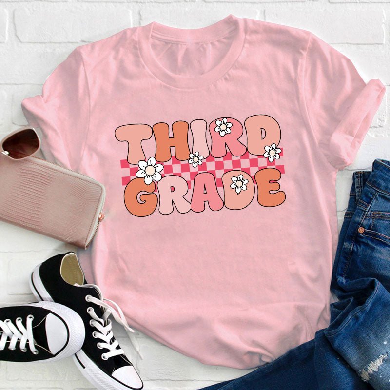 Personalized Grade Pink Flowers Teacher T-Shirt