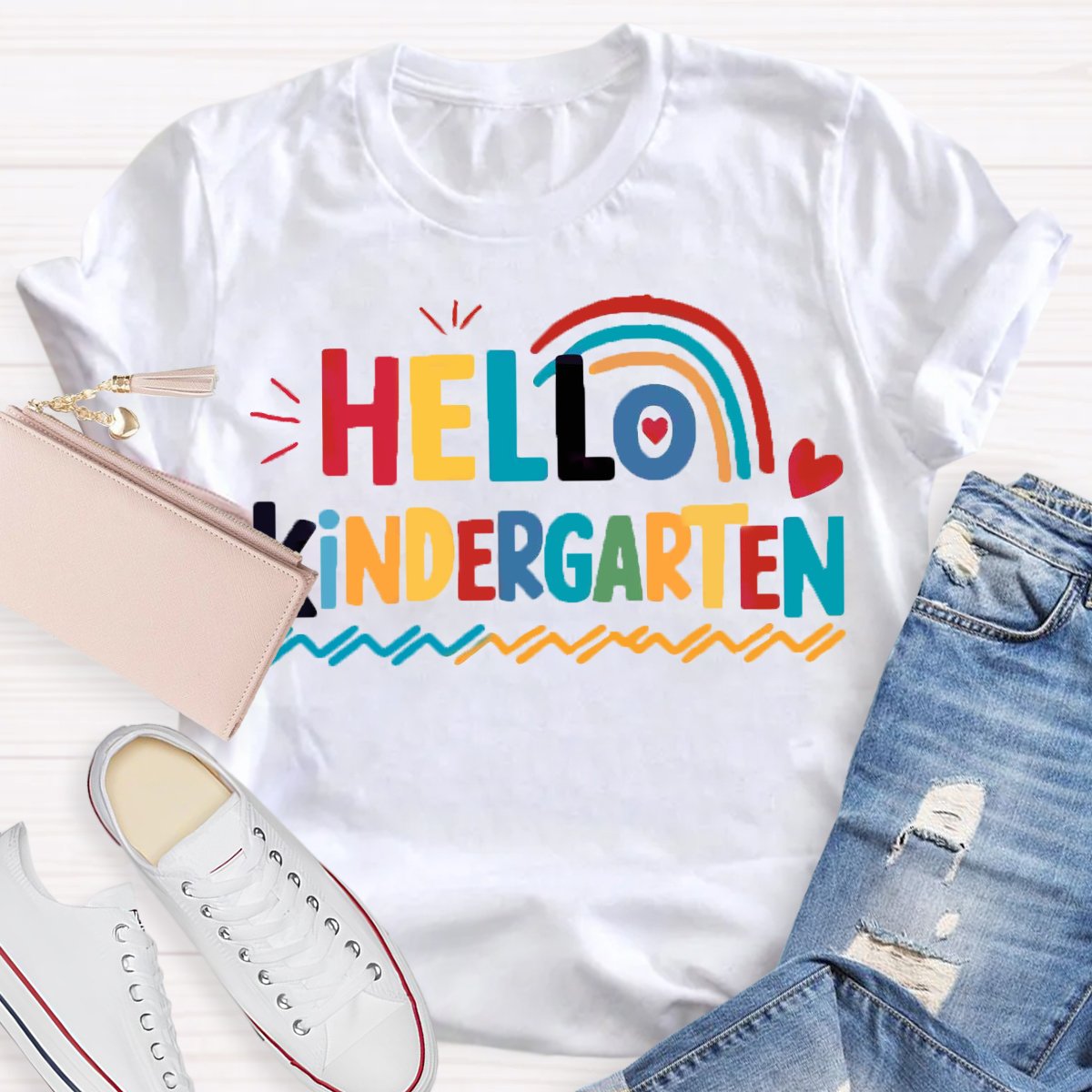 Personalized Grade Hello Kindergarten Rainbow First Day Of School T-Shirt