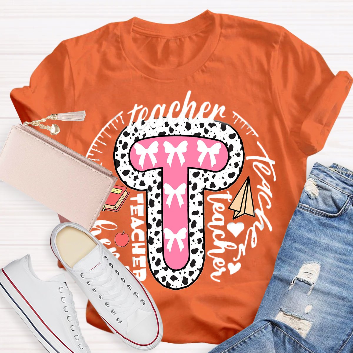 Teacher Typography Bow Print T-Shirt