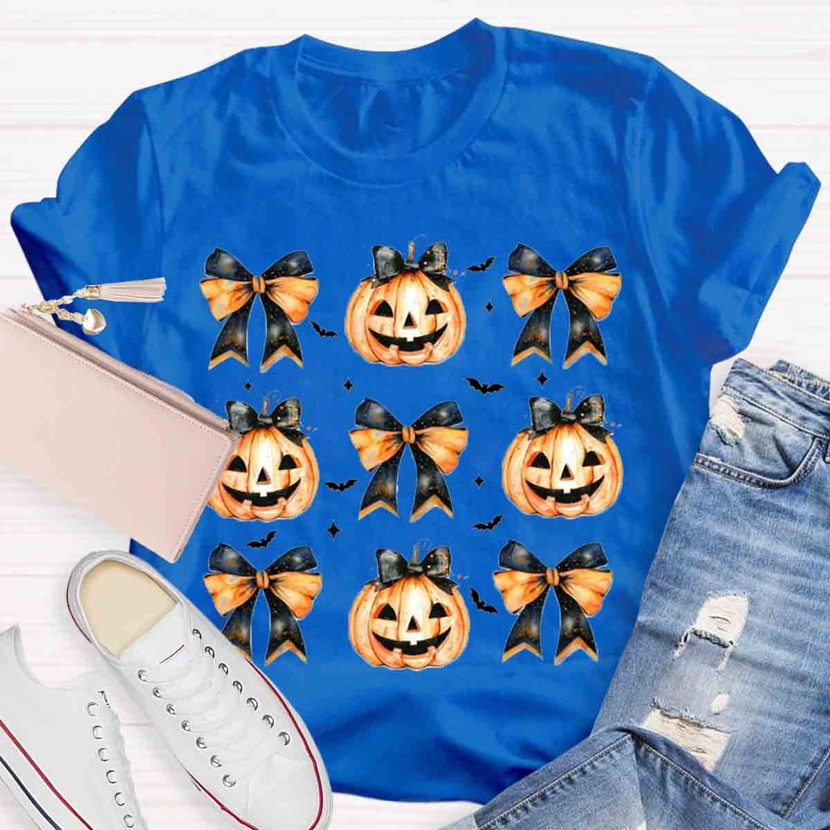 Fall Vibes Pumpkin Bowknot Spooky Teacher T-Shirt