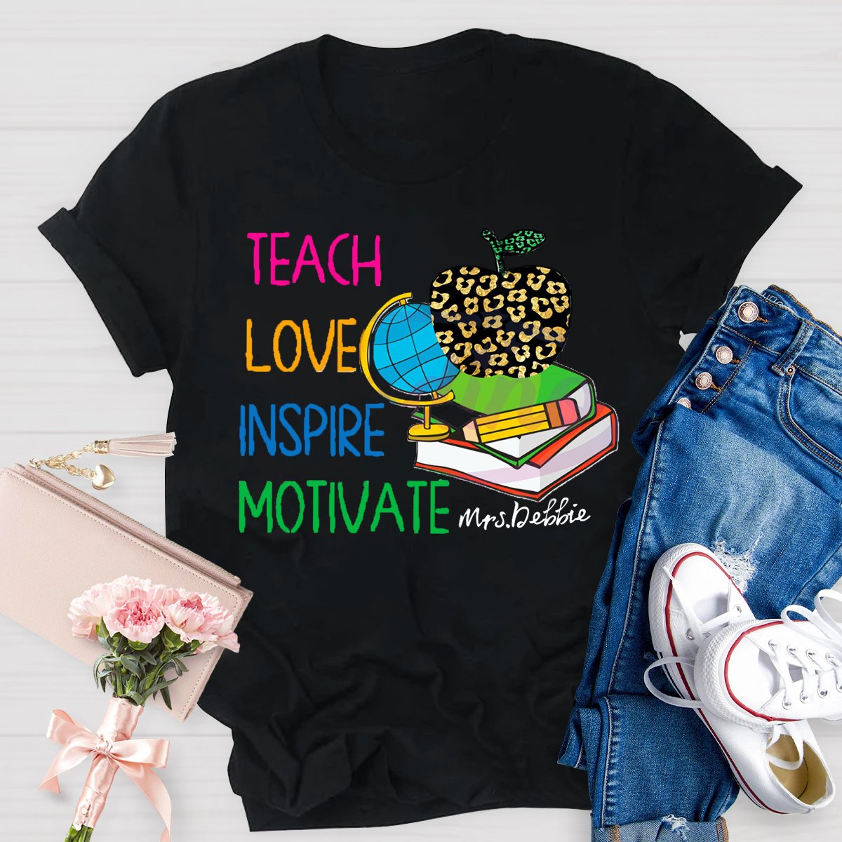 Personalized Name  Teach Love Inspire Motivate Globe T-shirt