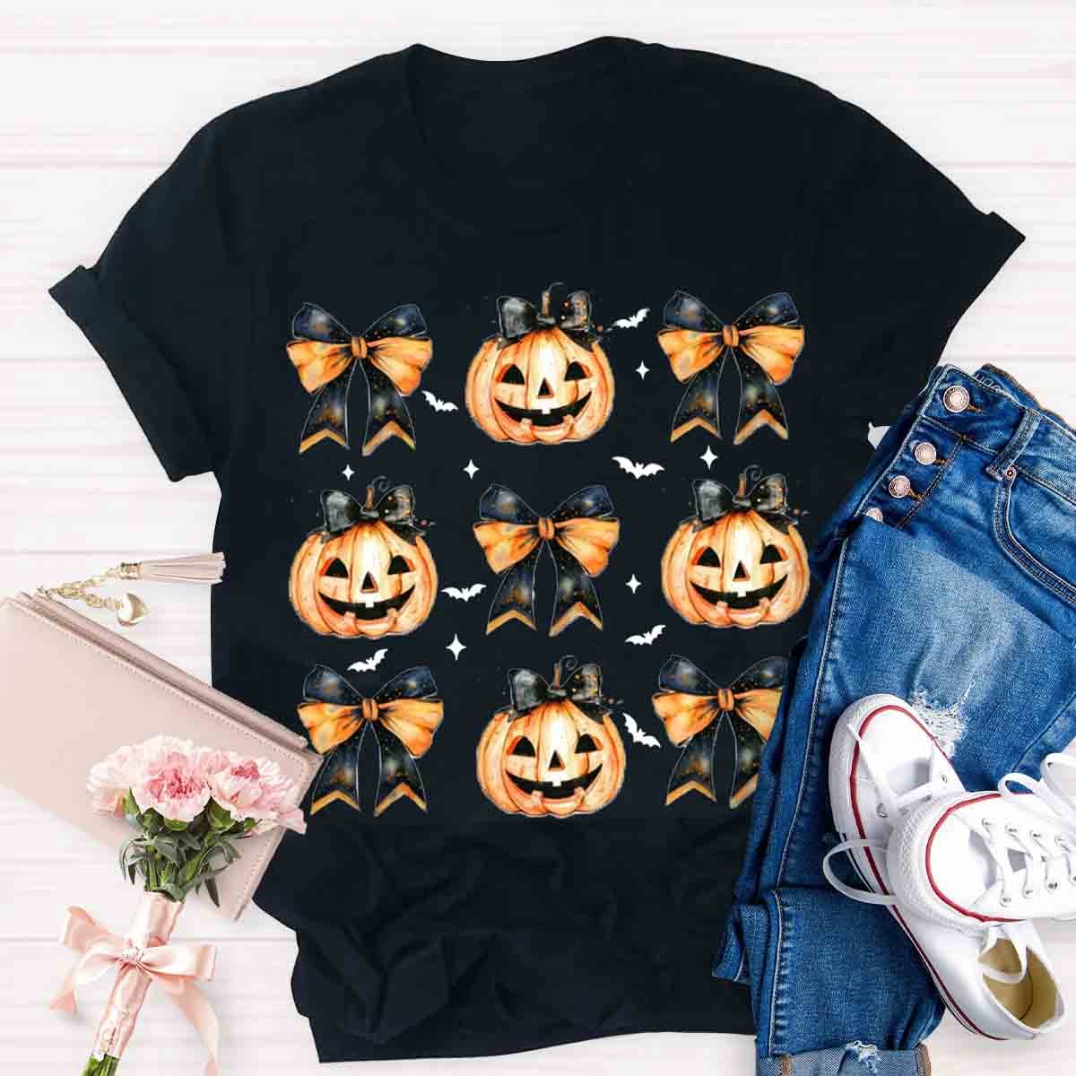 Fall Vibes Pumpkin Bowknot Spooky Teacher T-Shirt