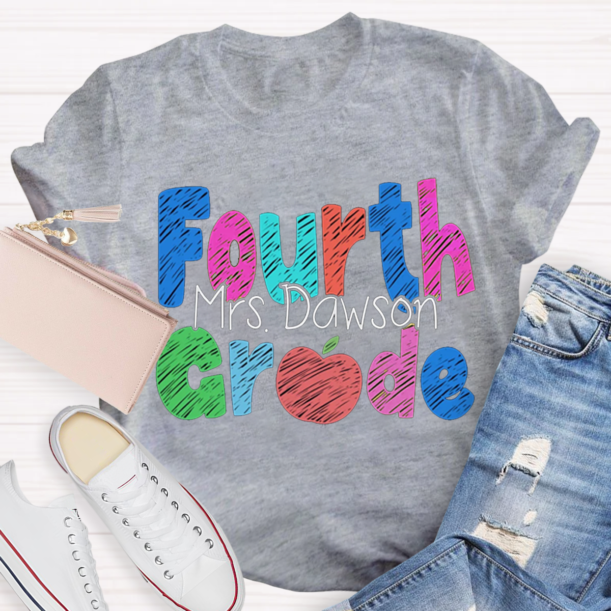 Personalize Grade Rainbow Apple Cute 4th Grade Teacher T-Shirt