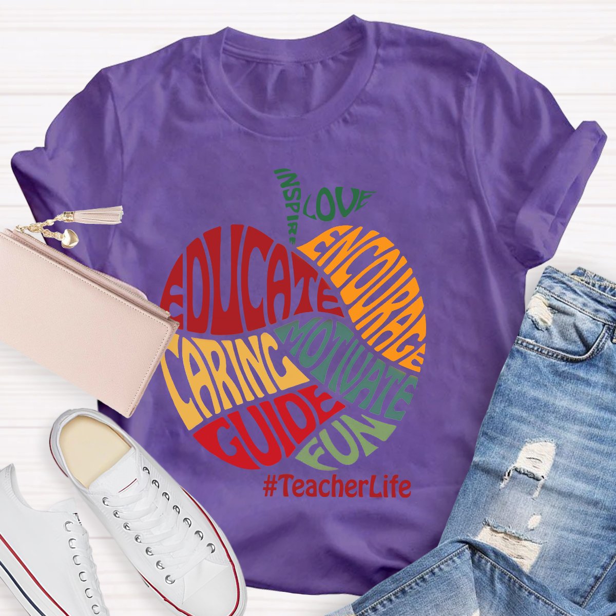 Colorful Apple Typography Caring Guide Educate T-Shirt