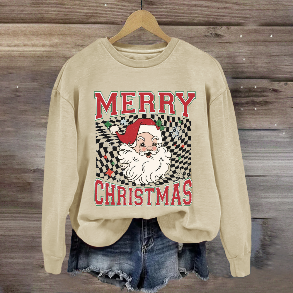 Merry Christmas Plaid Print Santa Sweatshirt