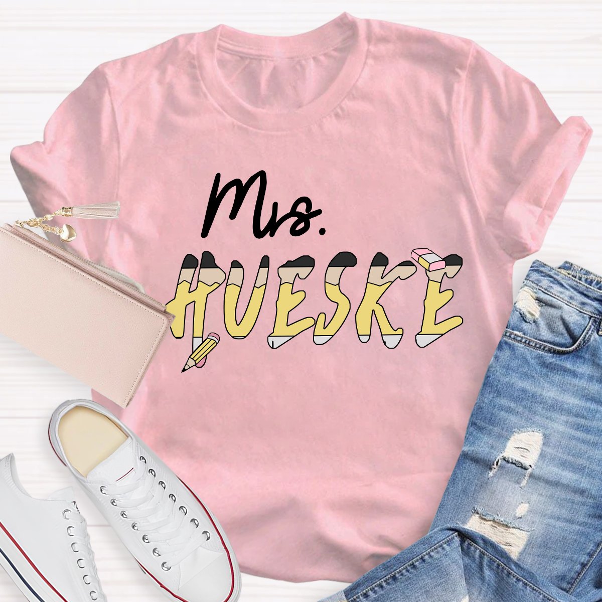 Personalized Teachers Name Pencil And Eraser Printed Teacher T-Shirt