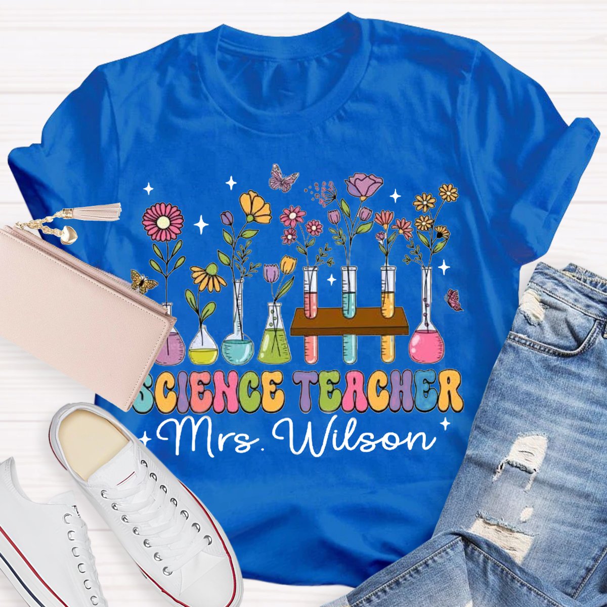 Personalized Science Teacher Name Tubes And Flowers Teacher T-Shirt