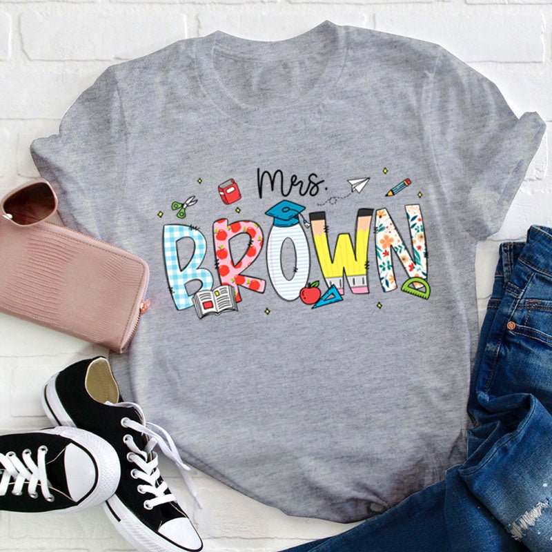 Personalized Name Cartoon Stationery Teacher T-Shirt