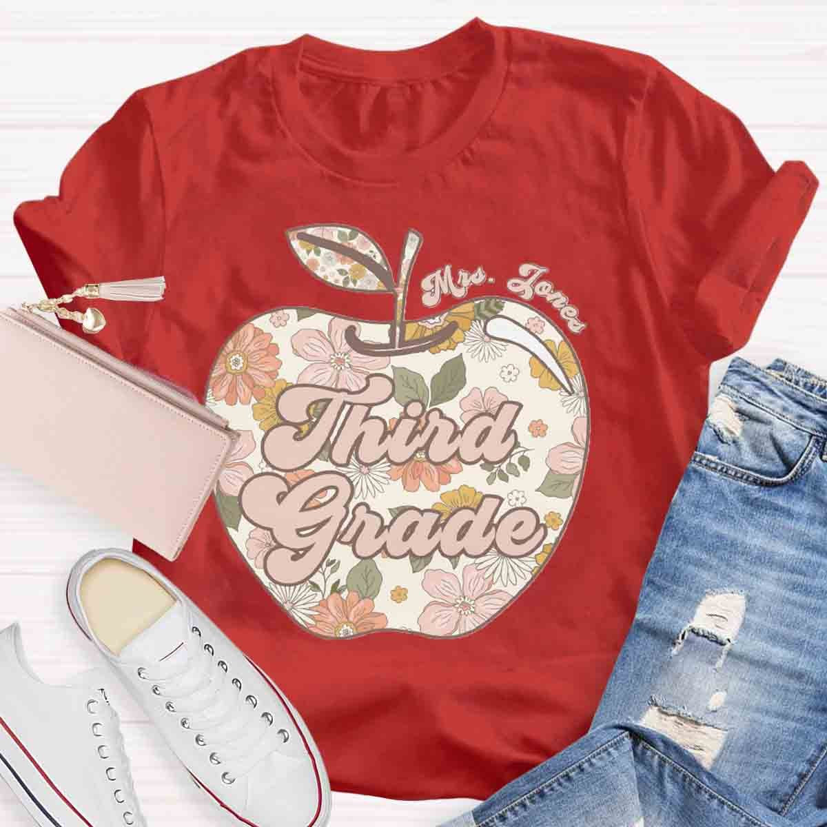 Personalized Grade And Name Apple Floral Teacher T-Shirt