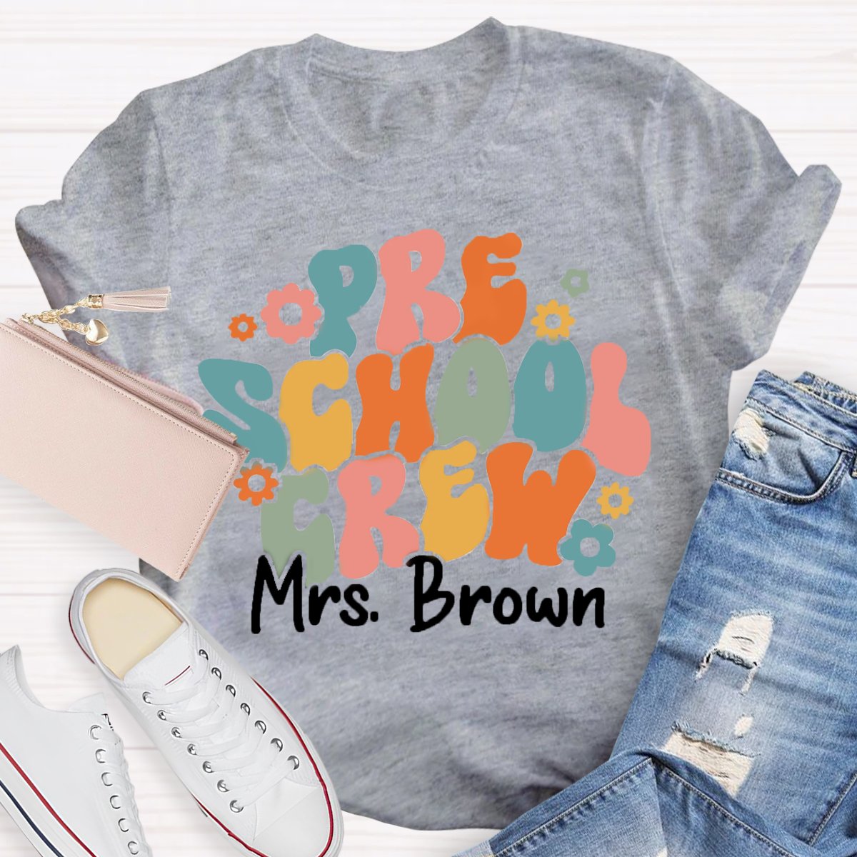 Personalized Name Preschool Teacher Crew T-Shirt