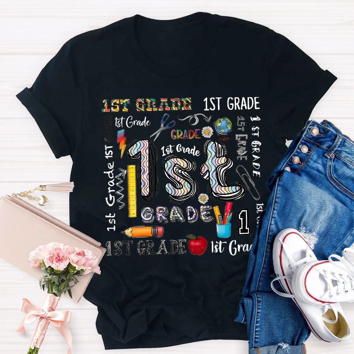 Personalized Grade School Supplies Icons Teacher T-Shirt