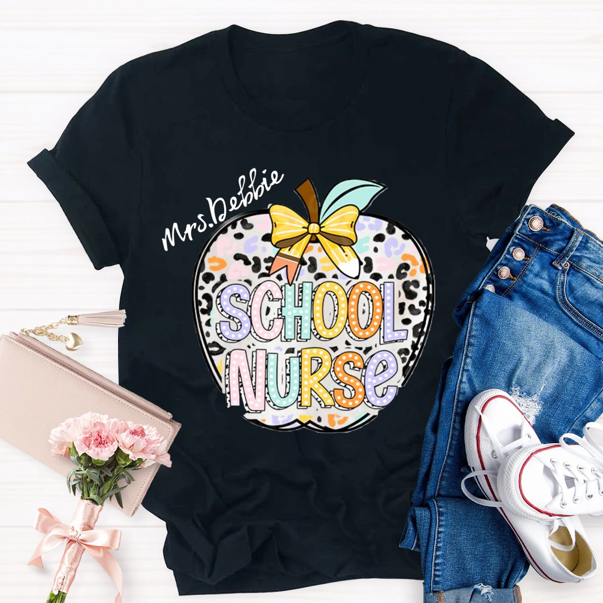 Personalized School Nurse Name Apple Printed T-shirt