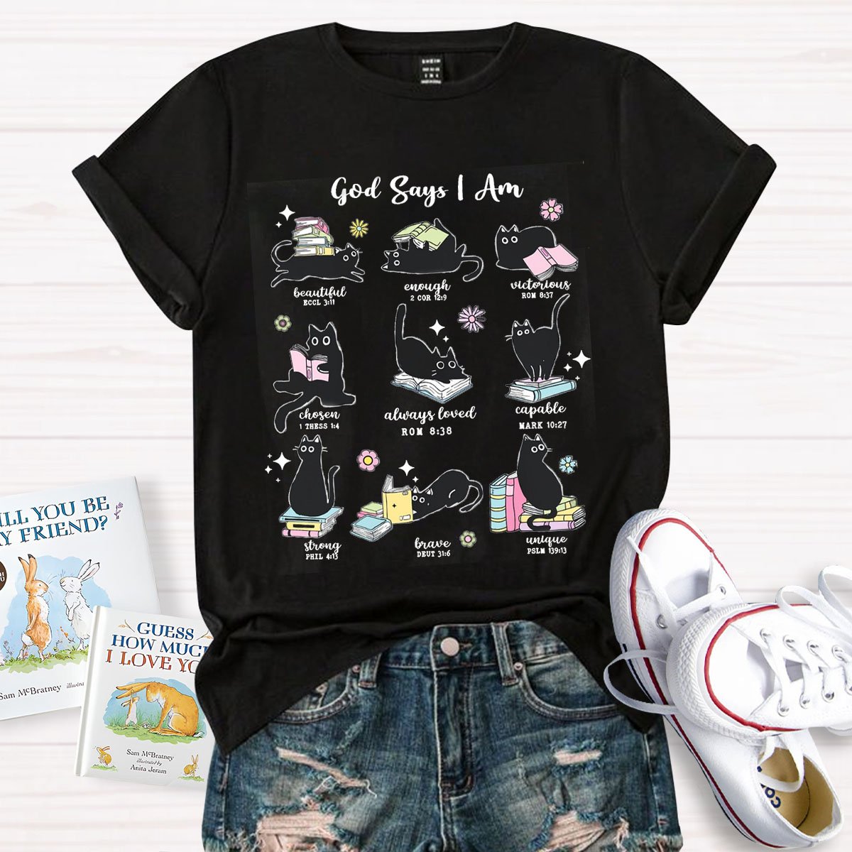 Cute Cat God Says I Am Teacher Cats and Books T-Shirt