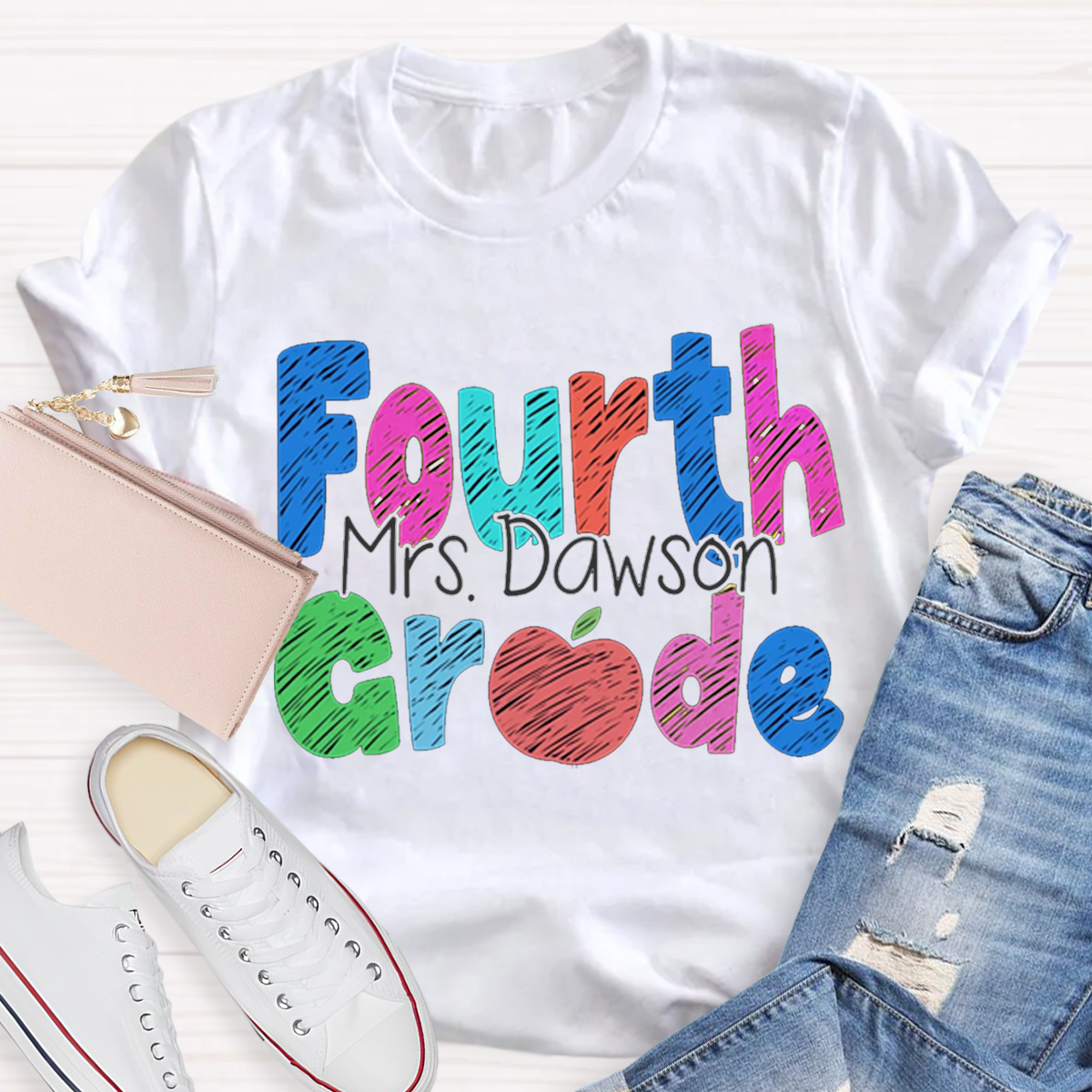 Personalize Grade Rainbow Apple Cute 4th Grade Teacher T-Shirt