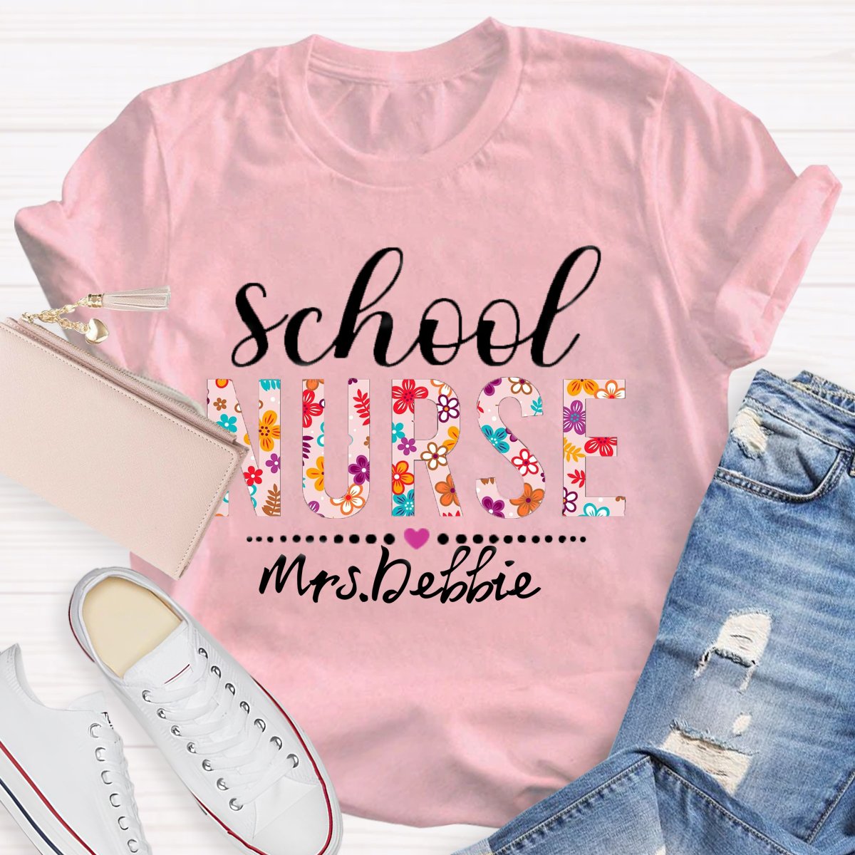 Personalized School Nurse Name Floral T-shirt