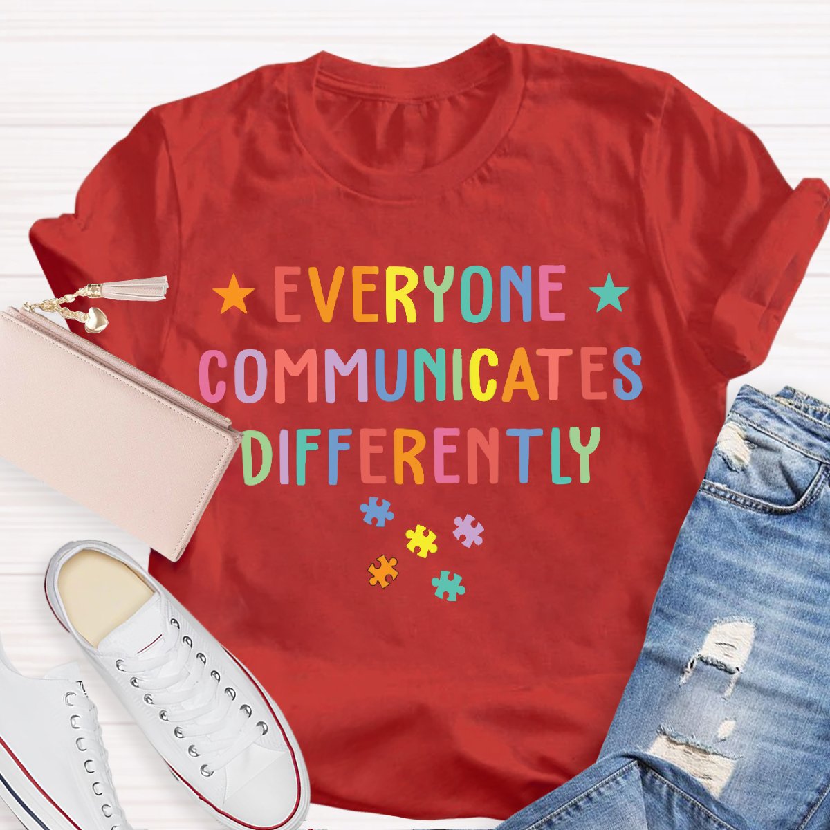 Everyone Communicates Differently Colored Puzzle Special Education Teacher T-Shirt