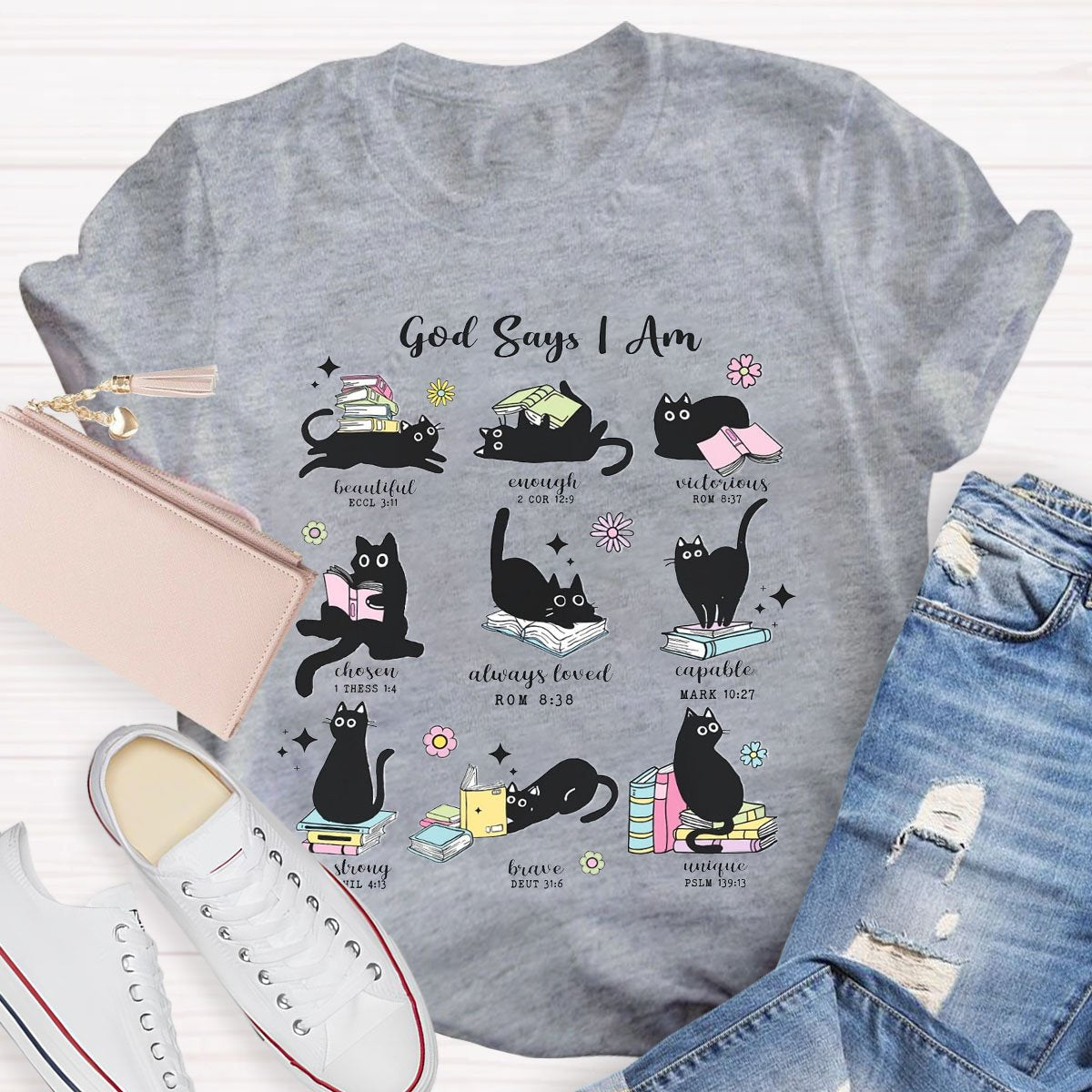 Cute Cat God Says I Am Teacher Cats and Books T-Shirt