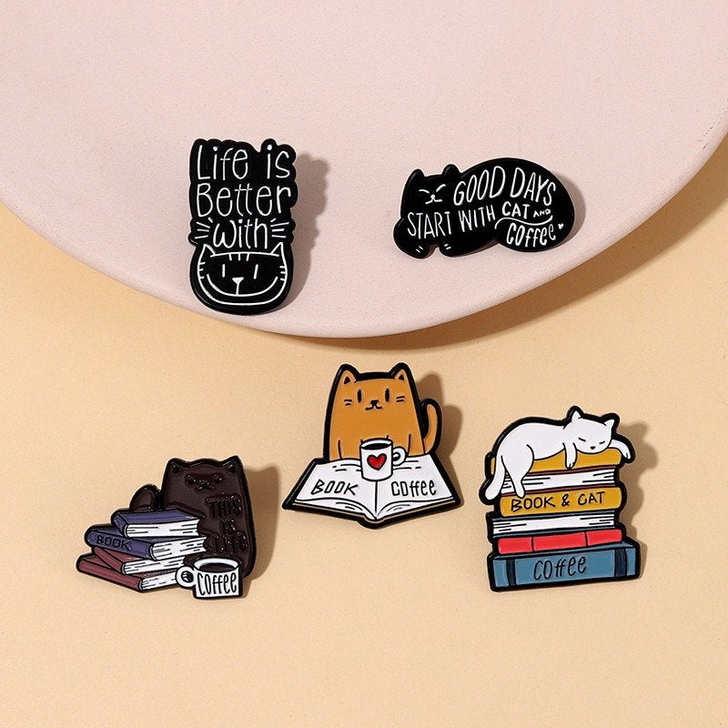 Cat Reading Book Metal Badge