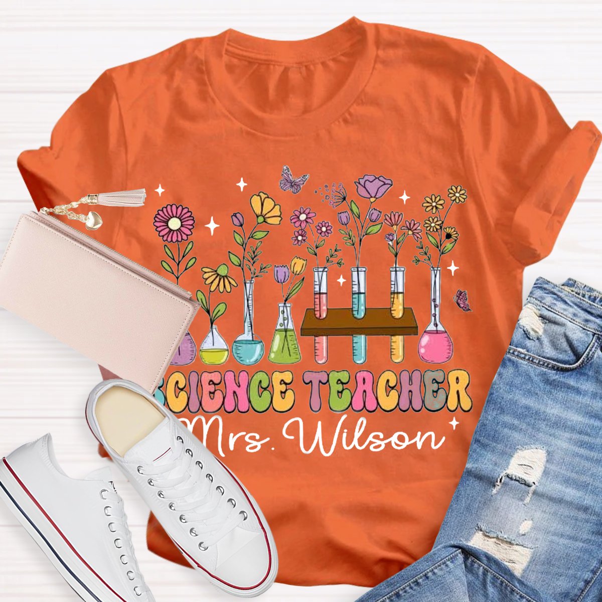 Personalized Science Teacher Name Tubes And Flowers Teacher T-Shirt