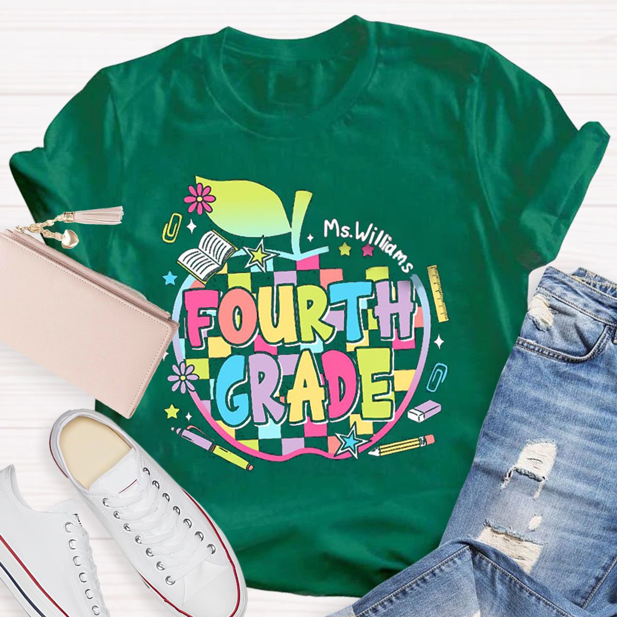 Personalized Grade And Name Apple Teacher T-Shirt