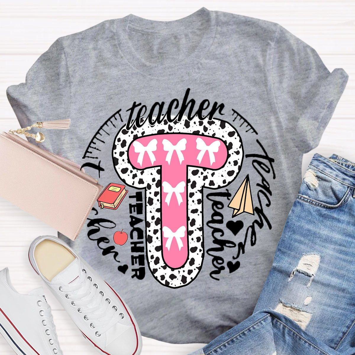 Teacher Typography Bow Print T-Shirt