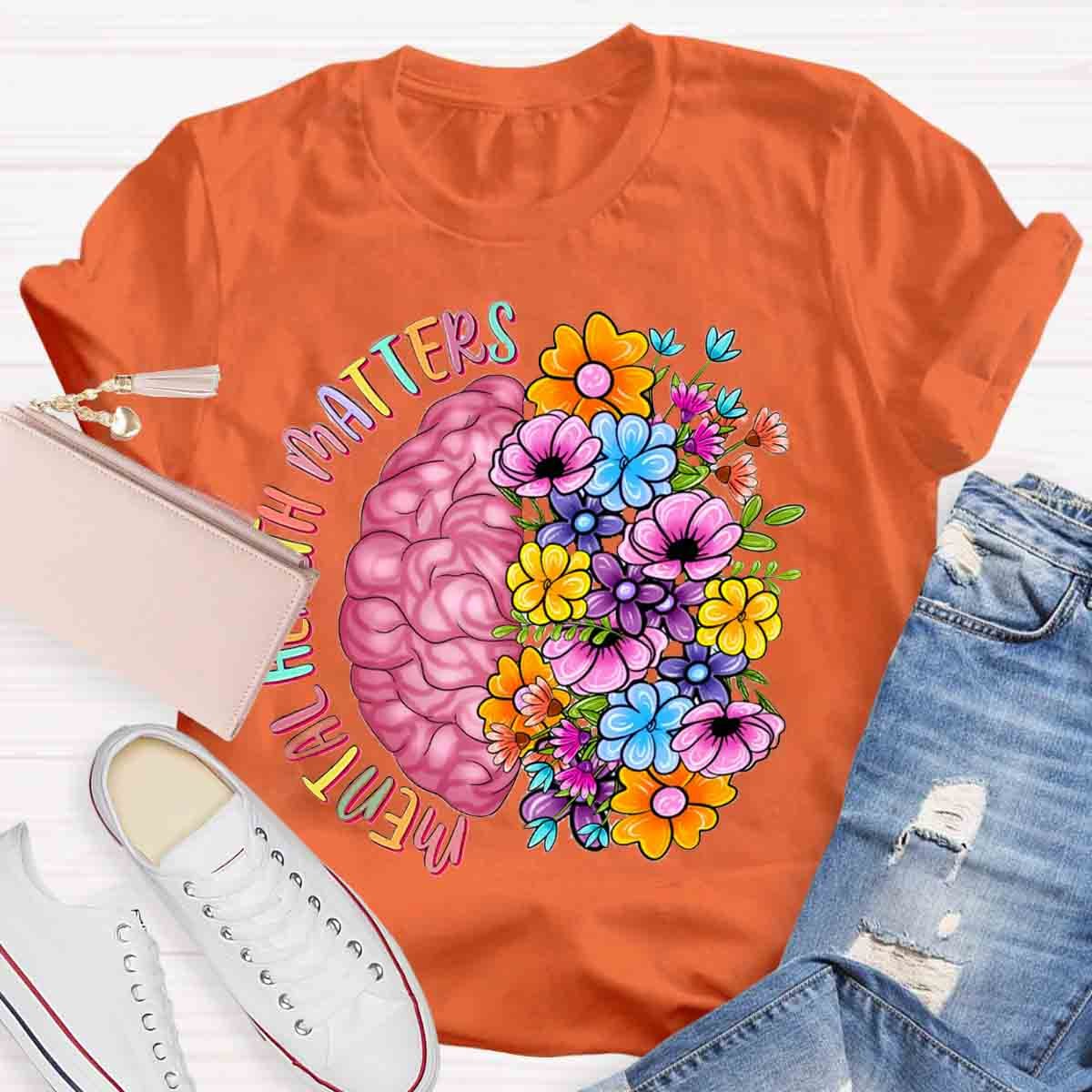 Mental Health Matters Half Brain Half Floral Skull T-Shirt